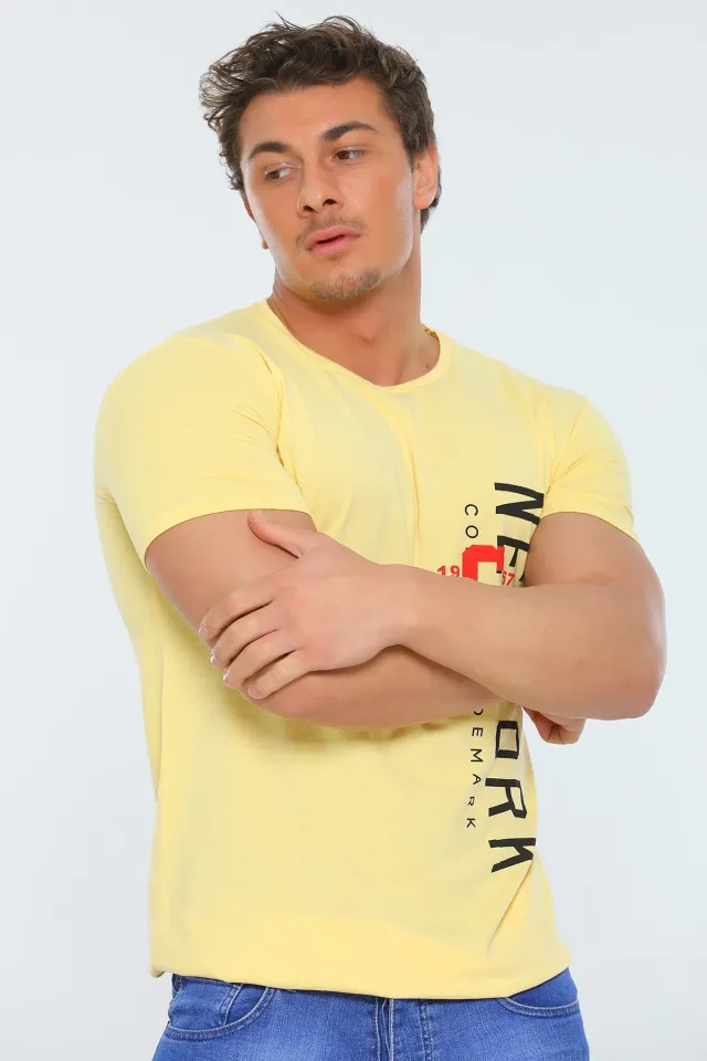 Erkek Likralı Bisiklet Yaka Slim Fit Baskılı T-shirt Sarı