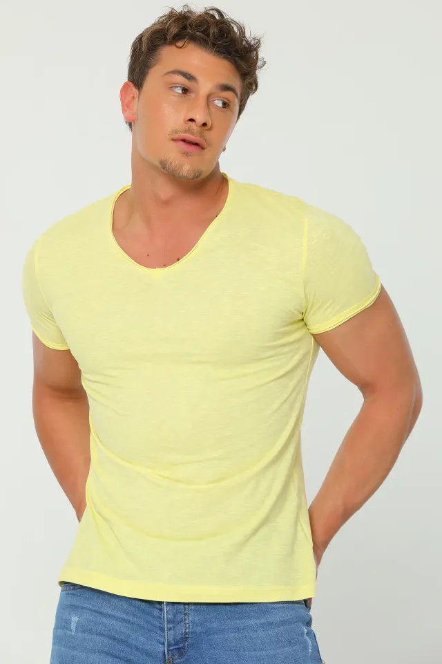 Erkek Likralı V Yaka Basic T-shirt Sarı