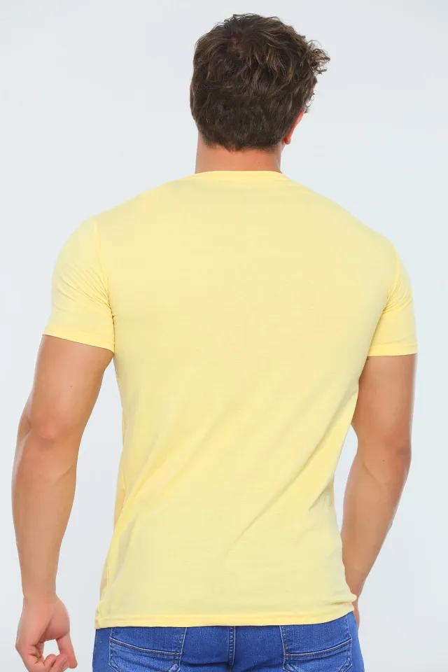 Erkek Likralı V Yaka Slim Fit Baskılı T-shirt Sarı