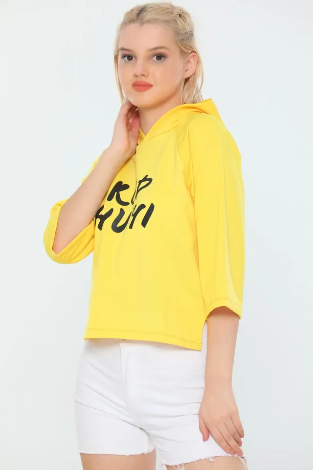 Kadın Kapüşonlu Kapri Kol Mevsimlik Spor Crop Sweatshirt Sarı