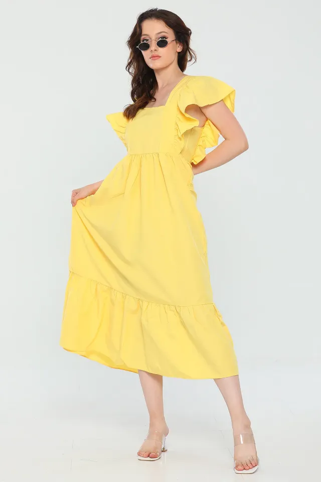 Kadın Kare Yaka Kol Fırfırlı Midi Boy Yazlık Elbise Sarı