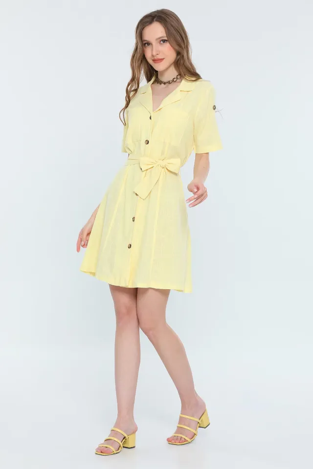 Kadın Kruvaze Yaka Kısa Kollu Salaş Mini Elbise Sarı