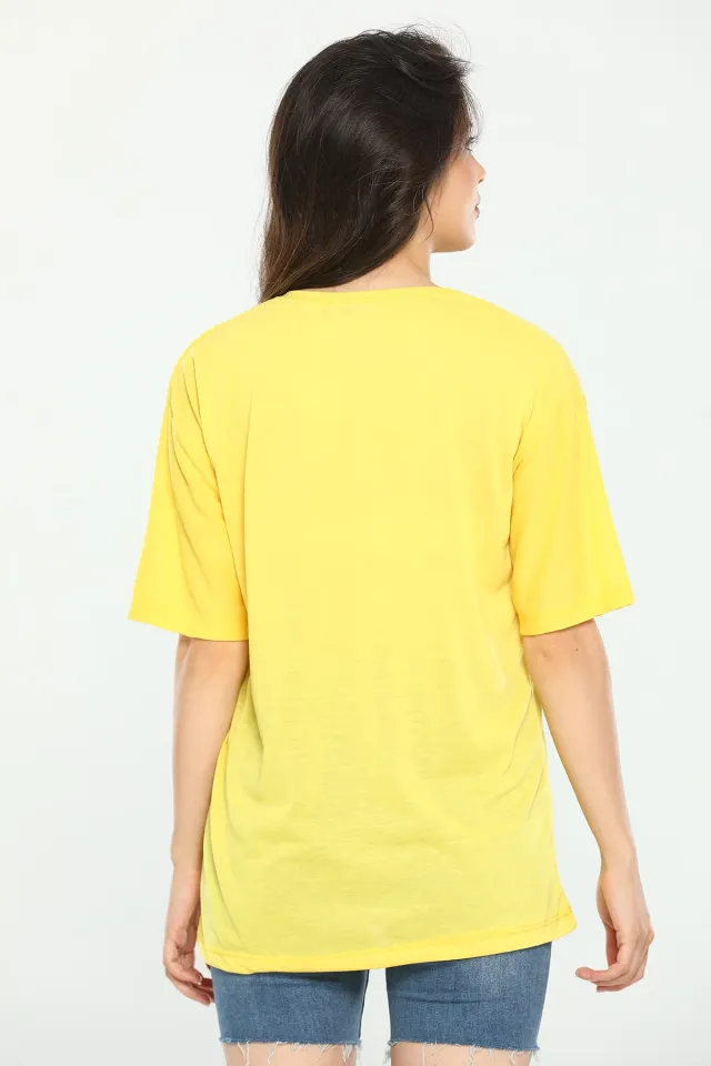 Kadın Likralı Bisiklet Yaka Baskılı T-shirt Sarı