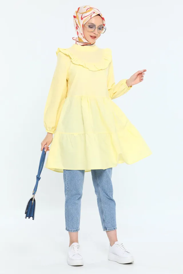 Kadın Modest Ön Arka Fırfırlı Eteği Katlı Salaş Tesettür Tunik Sarı