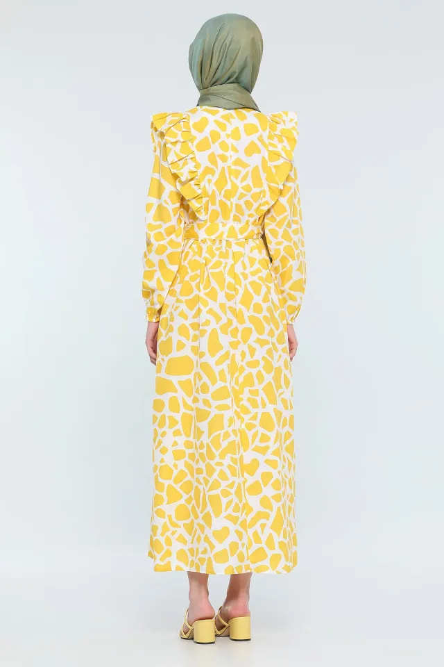 Kadın Modest Yaka Fırfırlı Mermer Desenli Uzun Tesettür Elbise Sarı