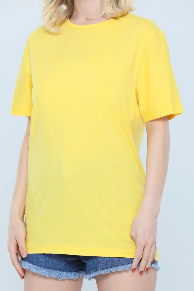 Kadın Oversize Likralı Bisiklet Yaka Basic T-shirt Sarı