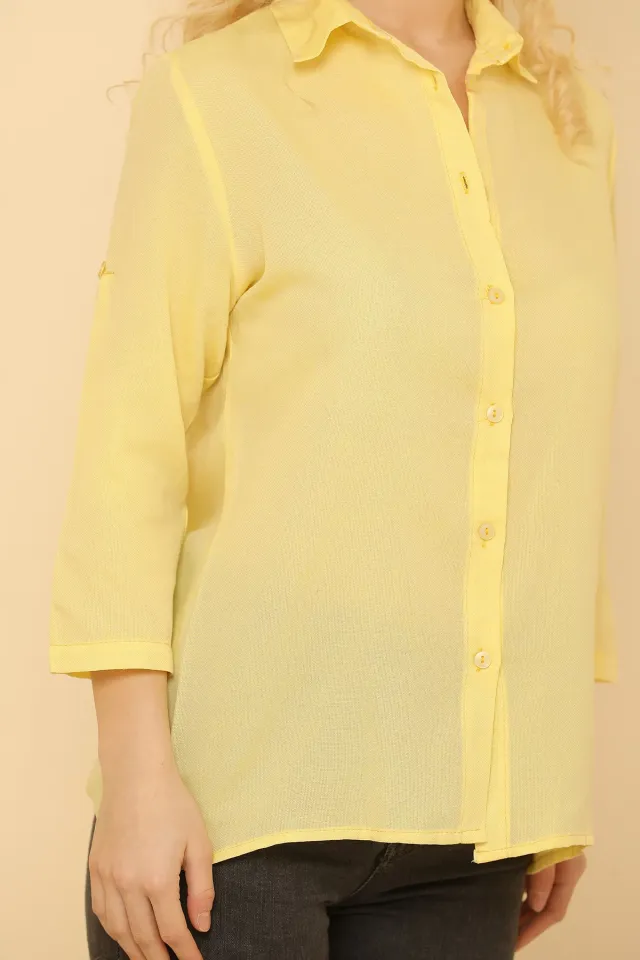 Kadın Slim Fit Kısa Basic Gömlek Sarı