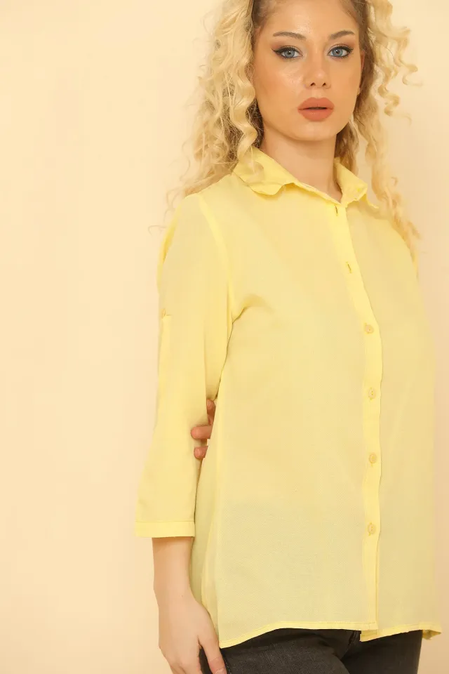 Kadın Slim Fit Kısa Basic Gömlek Sarı