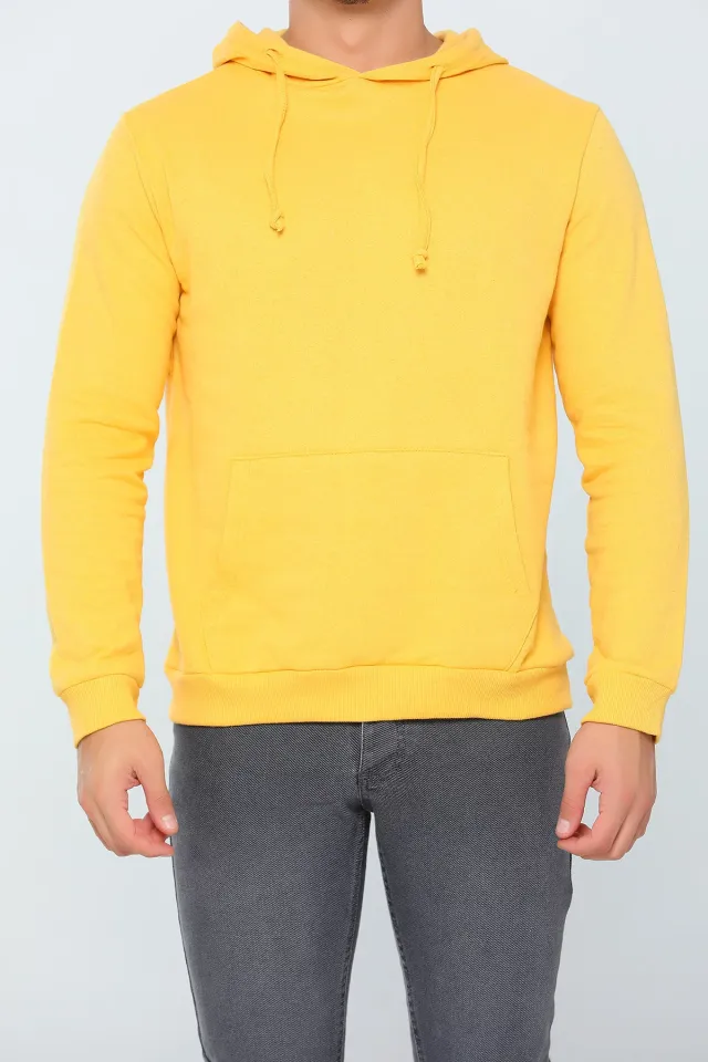 Erkek Kapüşonlu Kanguru Cepli Basic Sweatshirt Sarı