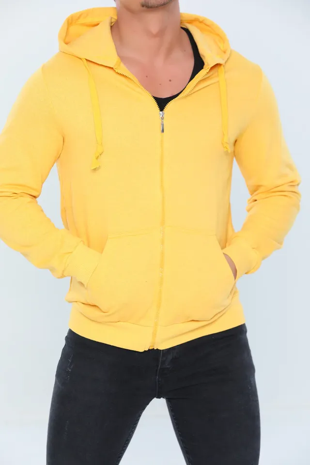 Erkek Sevgili Kombini Kapüşonlu Fermuarlı Sweatshirt Sarı