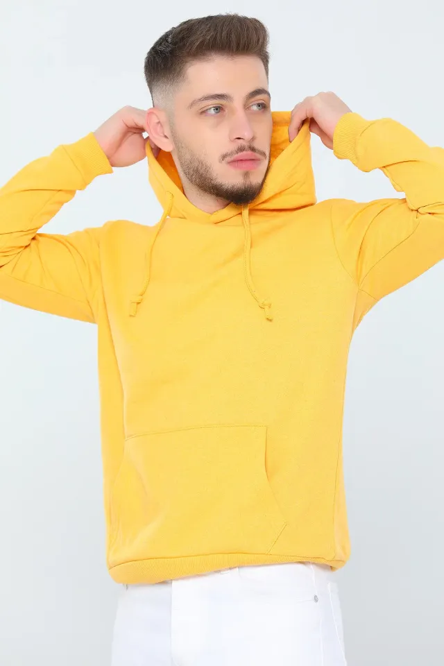 Erkek Sevgili Kombini Kapüşonlu Şardonlu Basic Sweatshırt Sarı