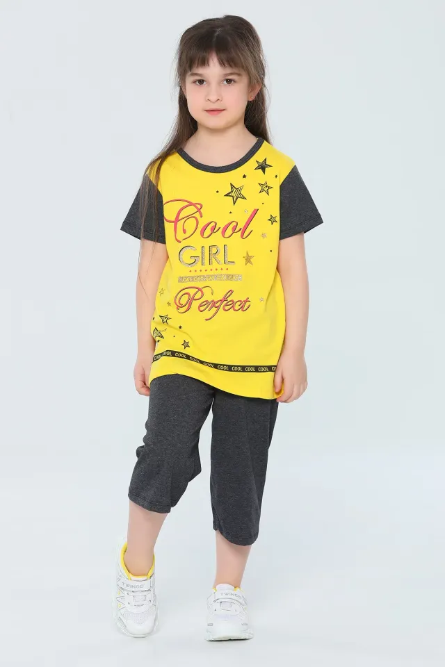 Kız Çocuk Bisiklet Yaka Baskılı T-shirt Kapri İkili Takım Sarı
