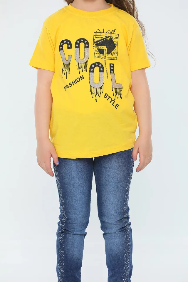Kız Çocuk Likralı Bisiklet Yaka Baskılı T-shirt Sarı