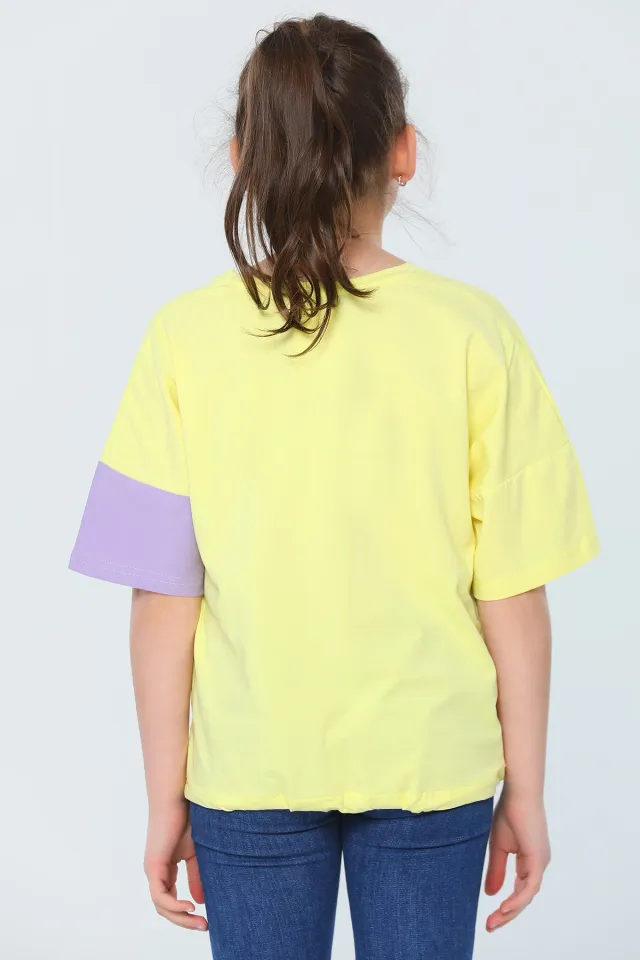 Kız Çocuk Likralı Bisiklet Yaka Çizgili Bel Detaylı T-shirt Sarı