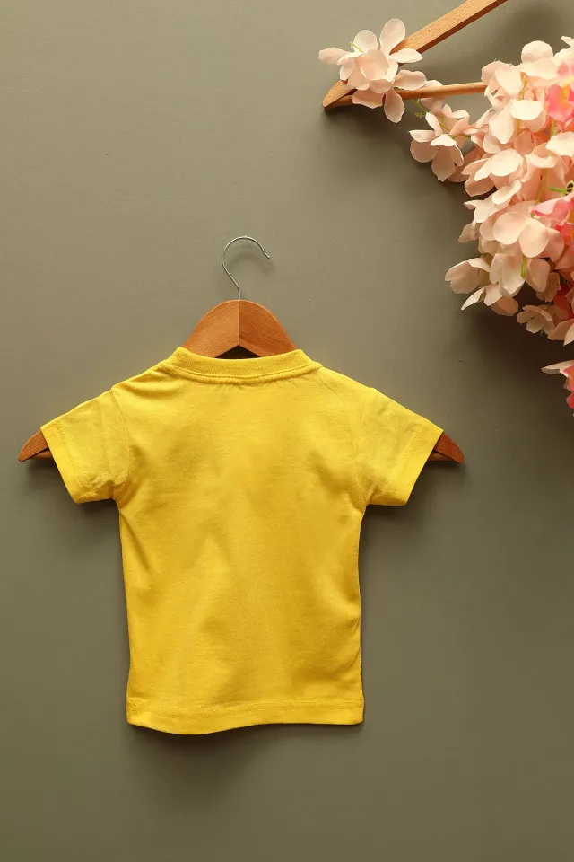 Kız Çocuk Likralı Bisiklet Yaka Kalp Baskılı T-shirt Sarı