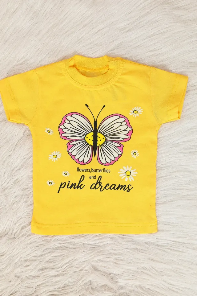 Kız Çocuk Likralı Bisiklet Yaka Kelebek Baskılı T-shirt Sarı