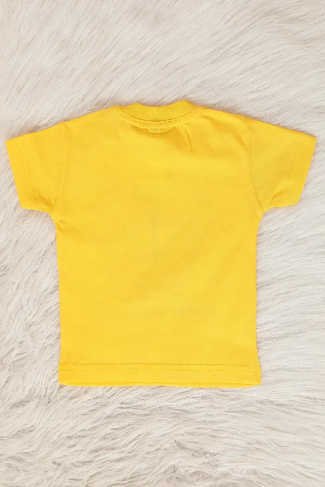 Kız Çocuk Likralı Bisiklet Yaka Kelebek Baskılı T-shirt Sarı