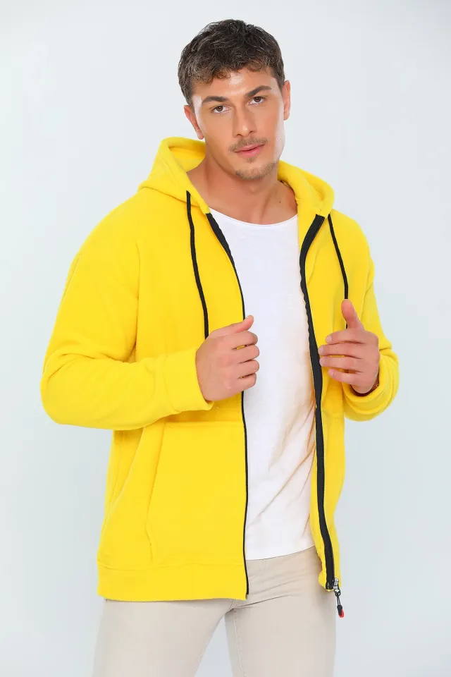 Erkek Likralı Sevgili Kombini Kapüşonlu Polar Sweatshirt Sarı