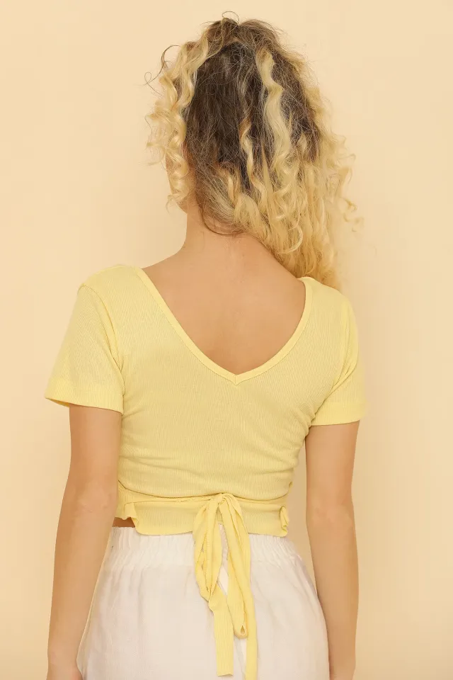 Kadın Likralı V Yaka Bel Bağlamalı Kaşkorse Crop Bluz Sarı