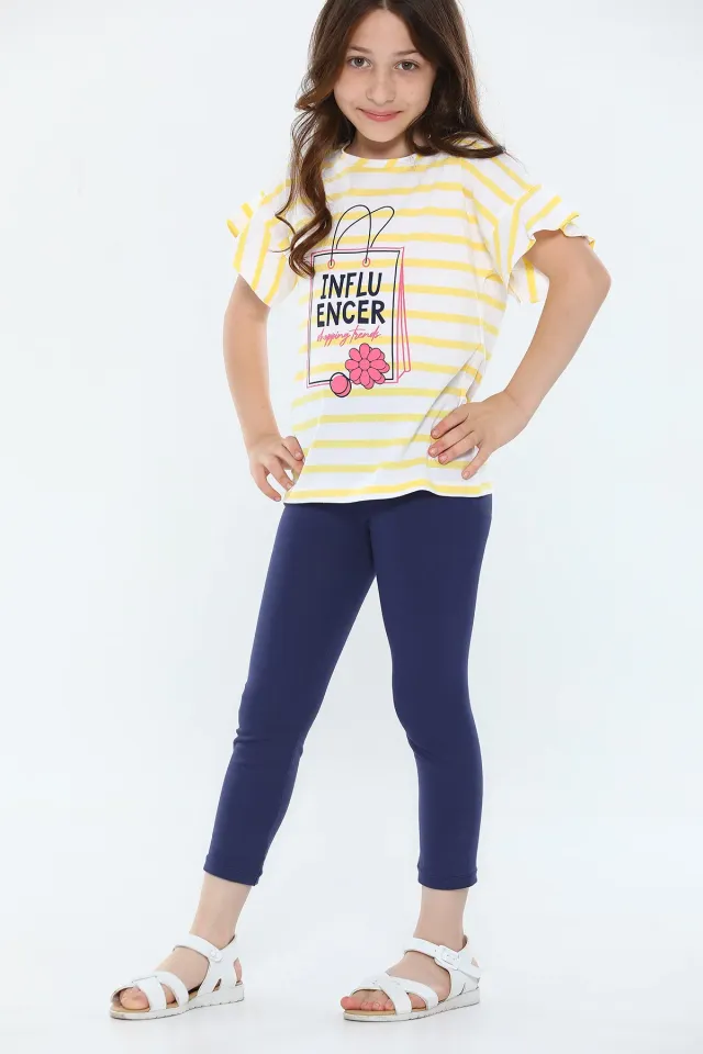 Kız Çocuk Likralı Bisiklet Yaka Baskılı T-shirt Penye Pantolon İkili Takım Sarılacivert