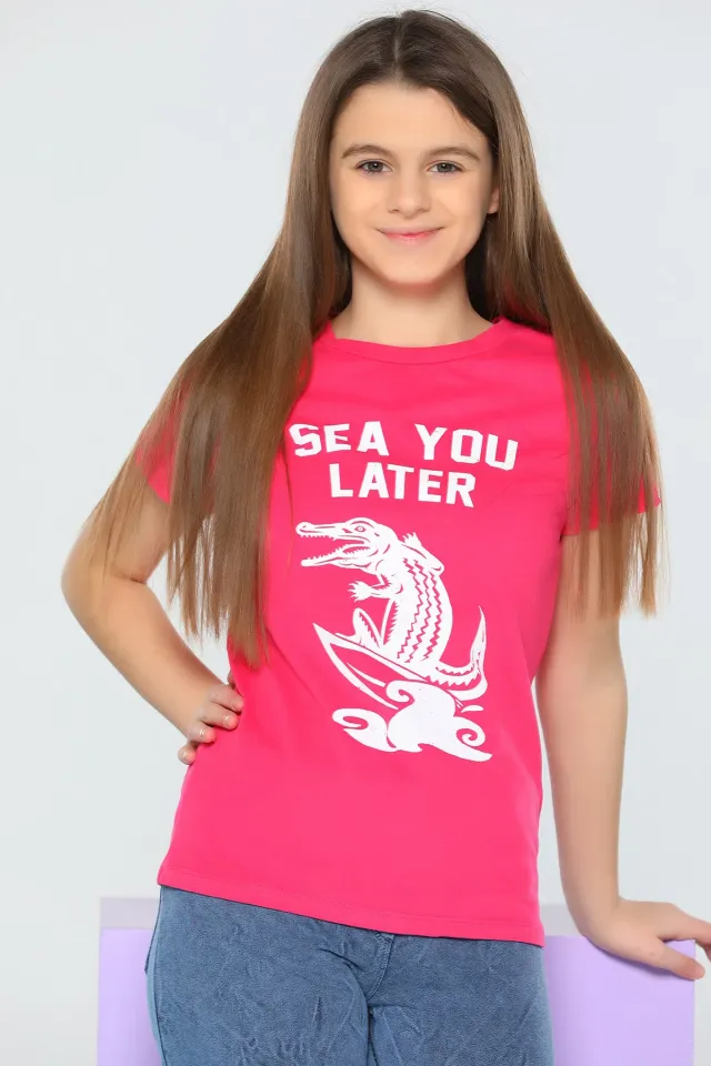 Kız Çocuk Likralı Baskılı T-shirt Fuşya