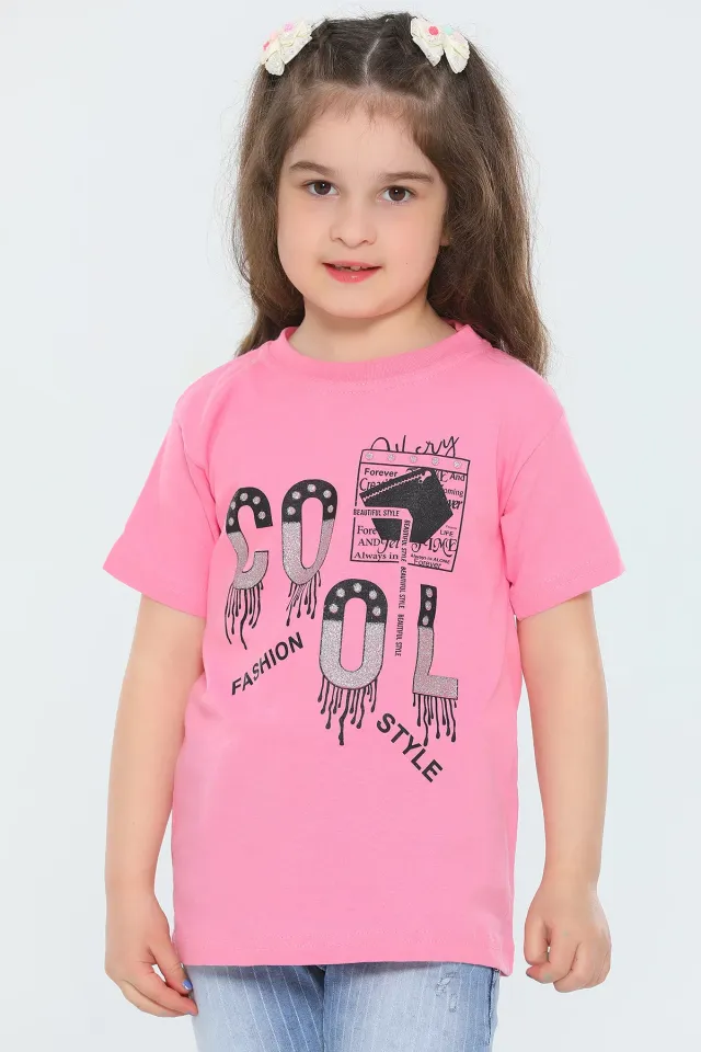 Kız Çocuk Likralı Bisiklet Yaka Baskılı T-shirt Şeker Pembe