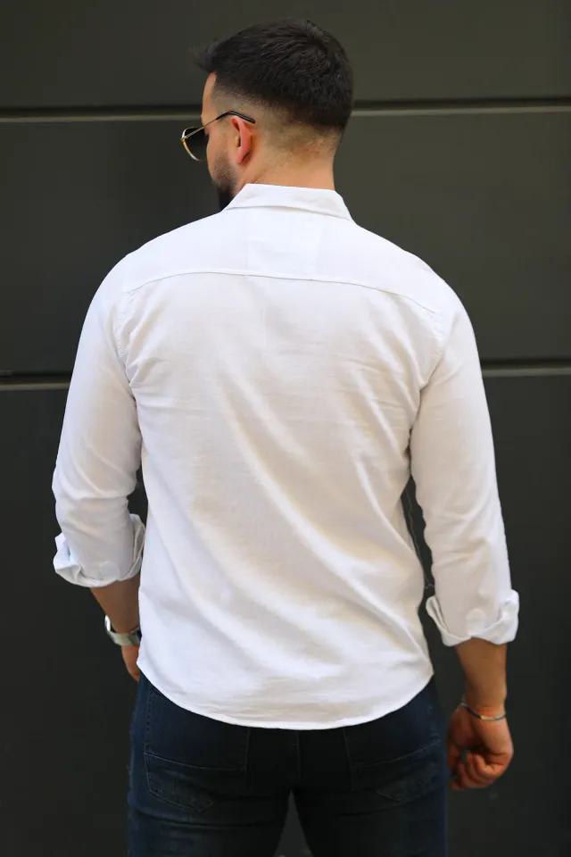 Şerit Detaylı Uzun Kol Erkek Gömlek Beyaz