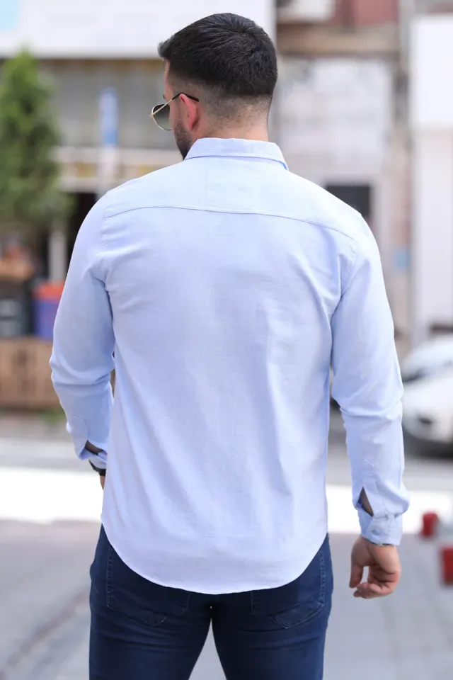 Şerit Detaylı Uzun Kol Erkek Gömlek Mavi