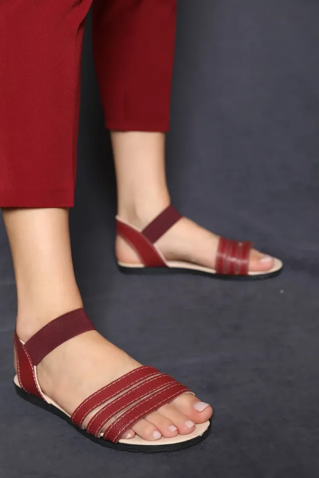 Şeritli Kadın Sandalet Bordo