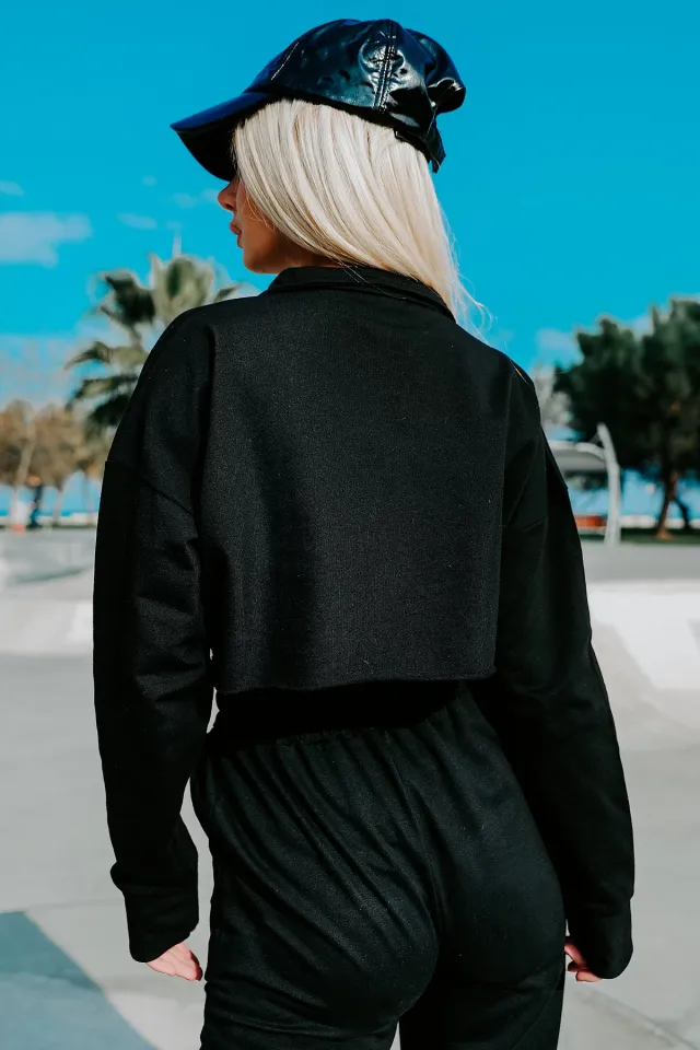 Kadın Likralı Apaş Yaka Crop Sweatshirt Siyah