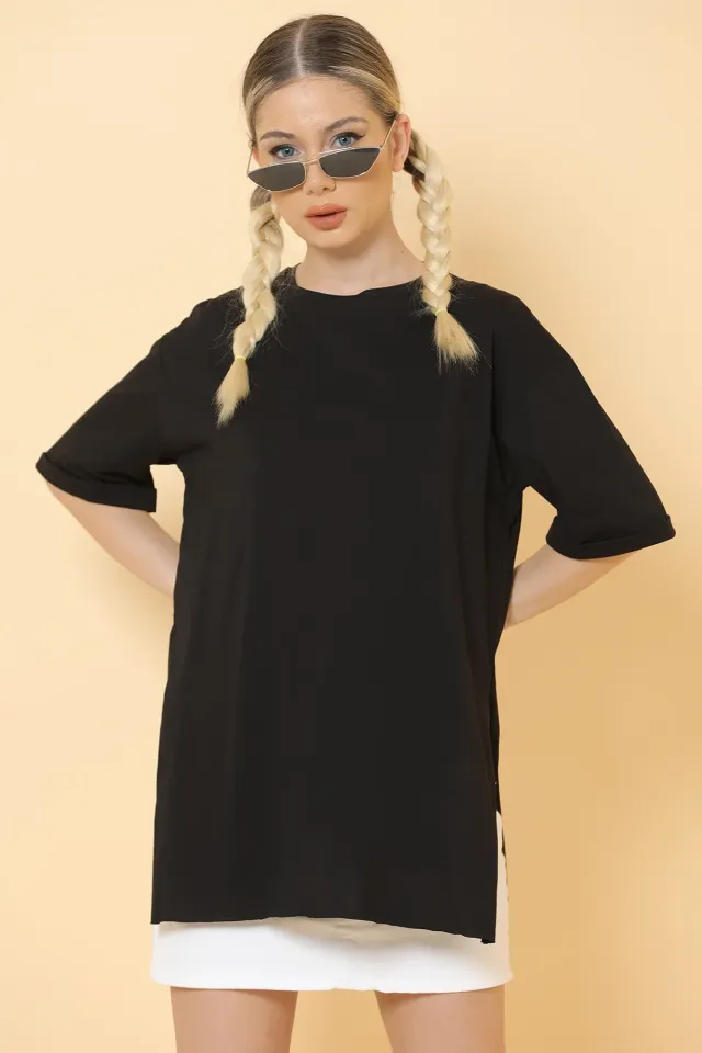Kadın Bisiklet Yaka Yan Yırtmaçlı Uzun Basic T-shirt Siyah