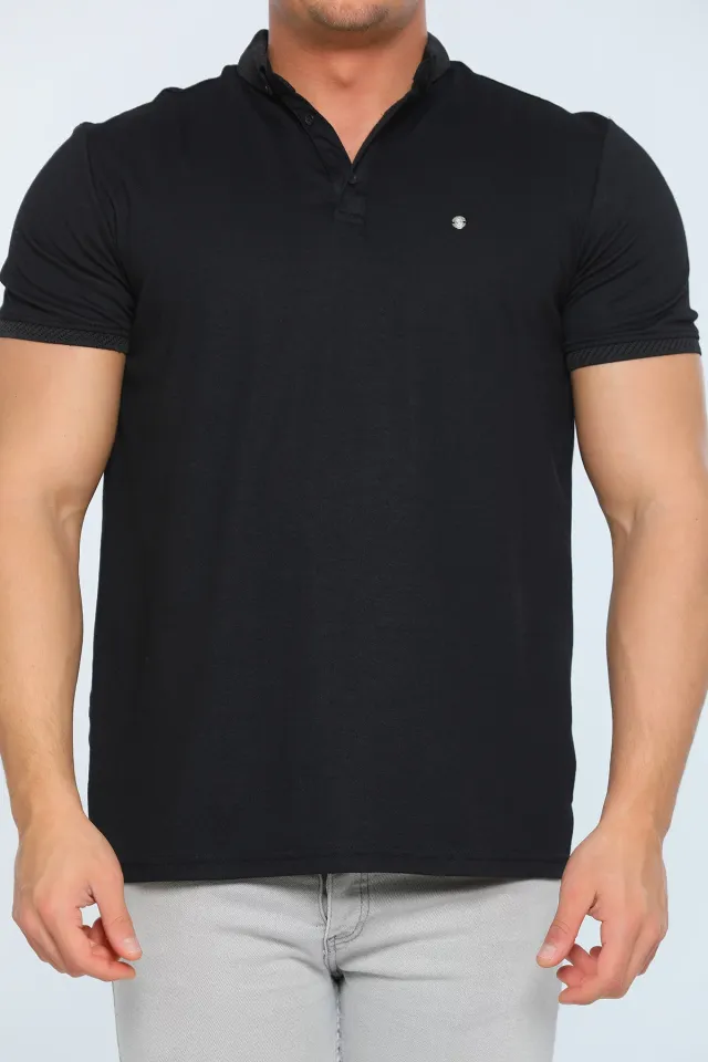 Erkek Likralı Polo Yaka Kol Lastikli T-shirt Siyah