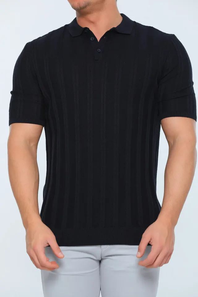 Erkek Likralı Polo Yaka Mevsimlik Triko T-shirt Siyah