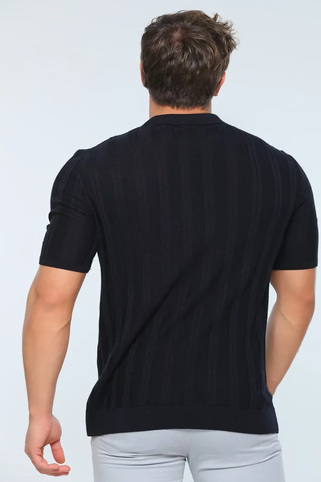 Erkek Likralı Polo Yaka Mevsimlik Triko T-shirt Siyah