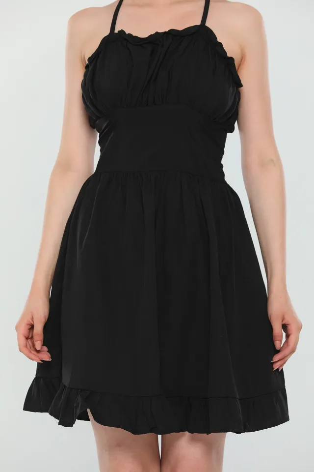 Kadın Ayarlanabilir İp Askılı Eteği Fırfırlı Yazlık Mini Elbise Siyah