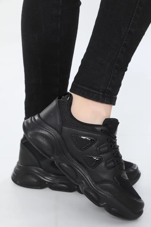 Kadın Bağcıklı Anaroklu Günlük Spor Ayakkabı Siyah