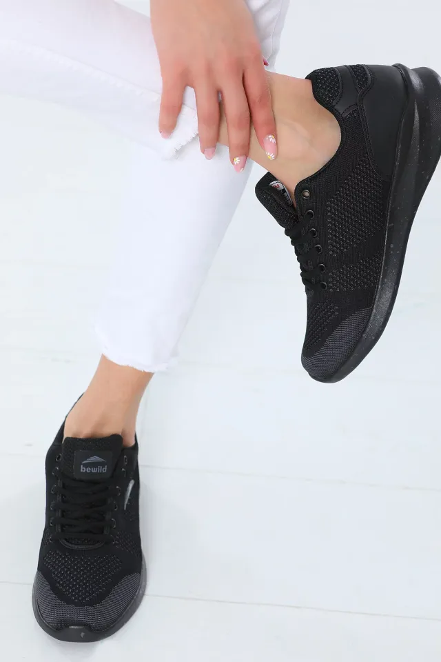 Kadın Bağcıklı Yüksek Taban Triko Günlük Spor Ayakkabı Siyah
