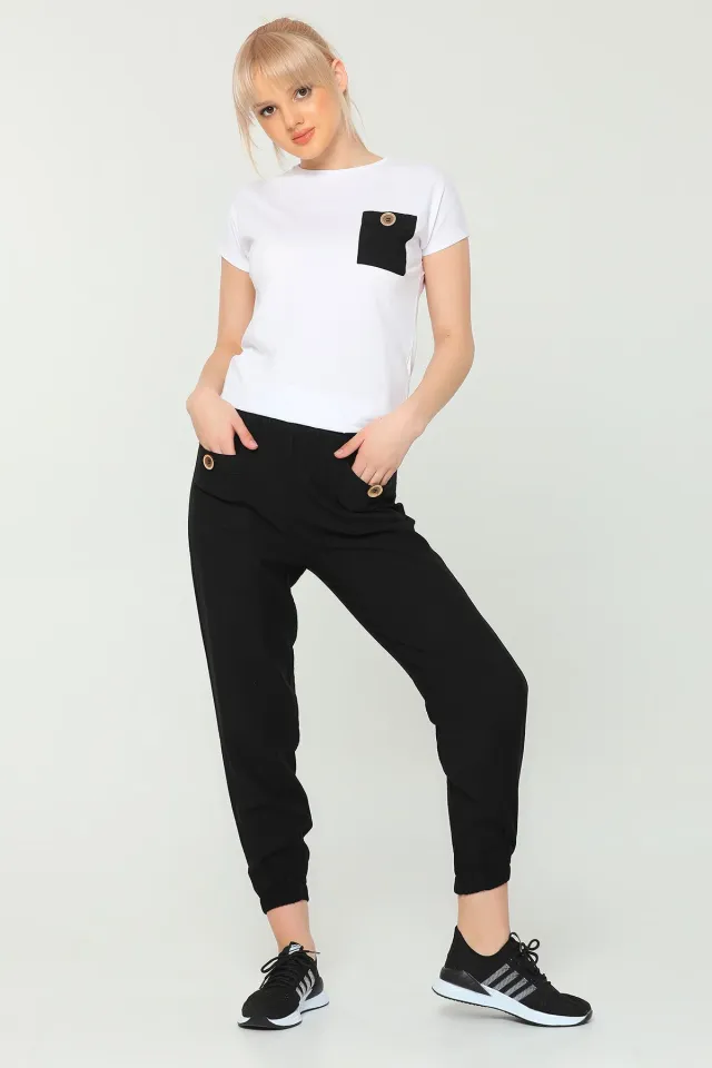 Kadın Bisiklet Yaka T-shirt Ayrobin Pantolon İkili Takım Siyah