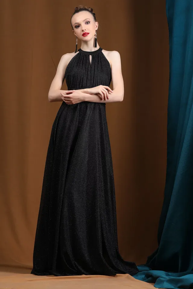 Kadın Boyun Detaylı İç Astarlı Işıltılı Uzun Tül Abiye Elbise Siyah