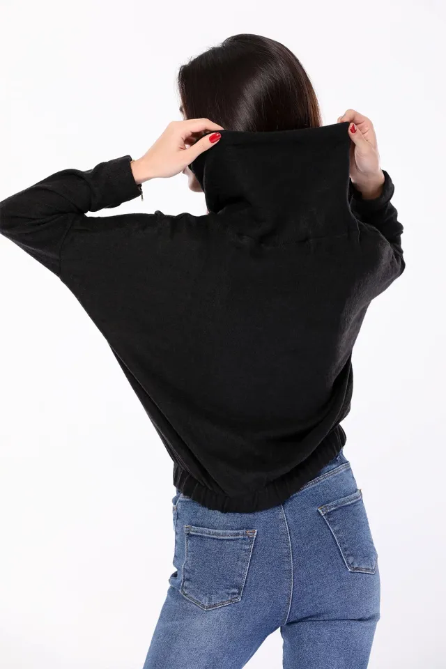Kadın Kapüşonlu Crop Sweatshirt Siyah