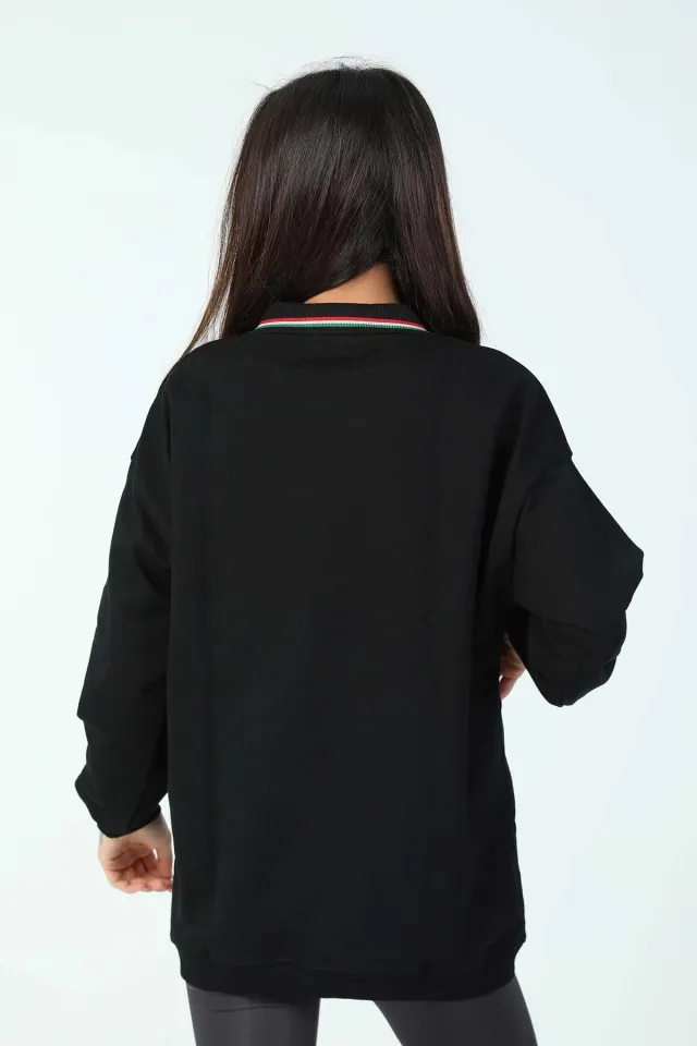 Kadın Gömlek Yaka Baskılı Oversize Sweatshirt Siyah