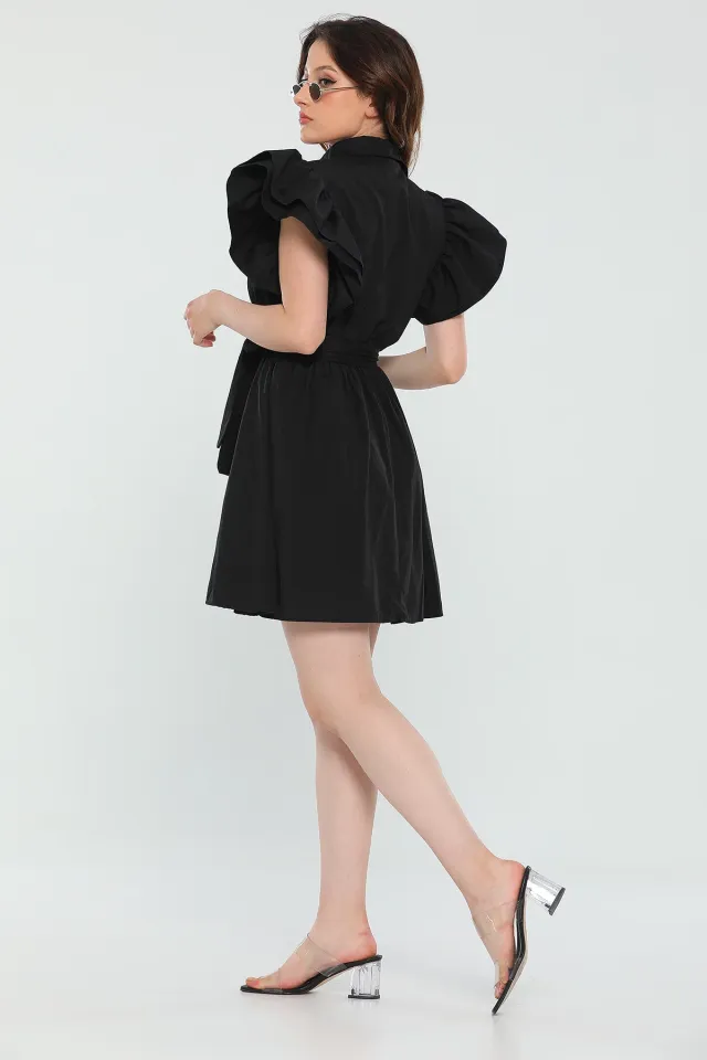 Kadın Gömlek Yaka Kol Volanlı Yazlık Mini Elbise Siyah