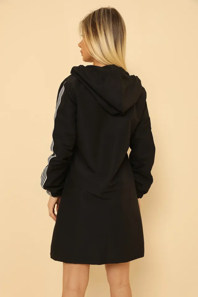 Kadın Kapüşonlu Şeritli Uzun Trençkot Siyah
