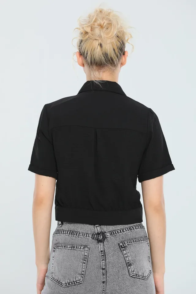 Kadın Kısa Kollu Yazlık Ayrobin Crop Gömlek Ceket Siyah