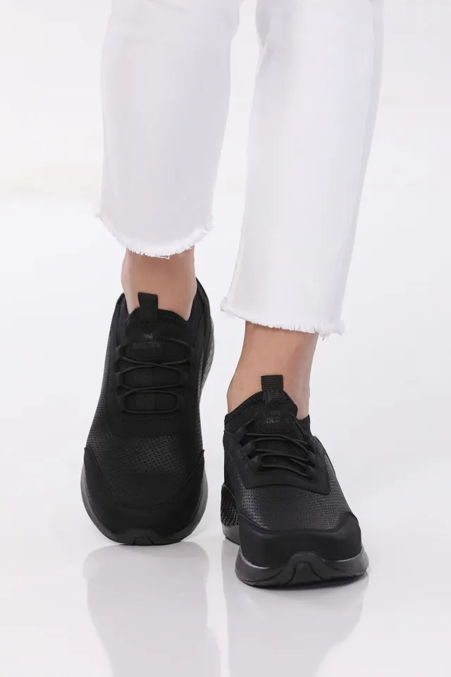 Kadın Lastik Bağcıklı Micro Fiber Günlük Spor Ayakkabı Siyah
