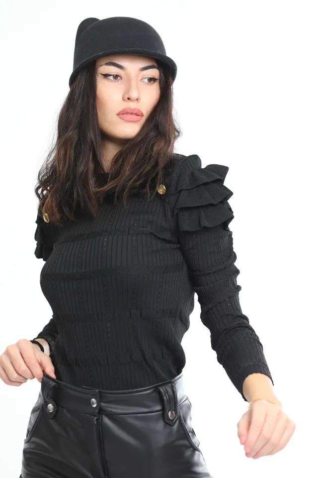 Kadın Likralı Omuz Detaylı Düğmeli Triko Bluz Siyah