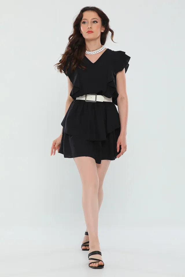 Kadın V Yaka Fırfırlı Eteği Katlı Yazlık Mini Elbise Siyah