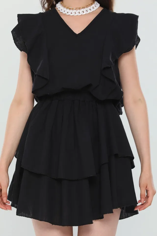 Kadın V Yaka Fırfırlı Eteği Katlı Yazlık Mini Elbise Siyah