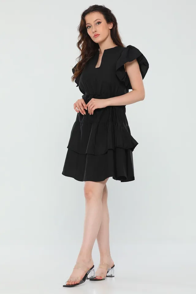 Kadın V Yaka Kol Volanlı Eteği Katlı Yazlık Mini Elbise Siyah