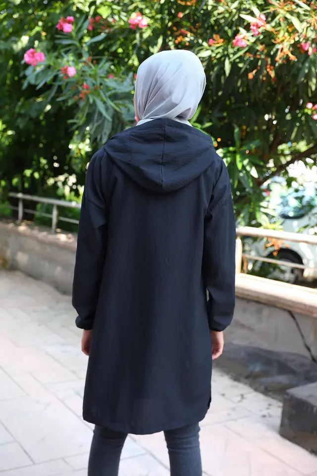 Kadın Kapüşonlu Ön Cepli Kol Lastikli Tunik Siyah